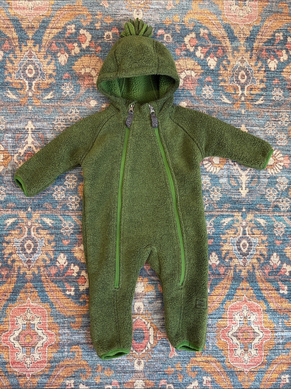 REI Green Hooded Pom Fleece One-Piece Bunting with Dual Zippers
